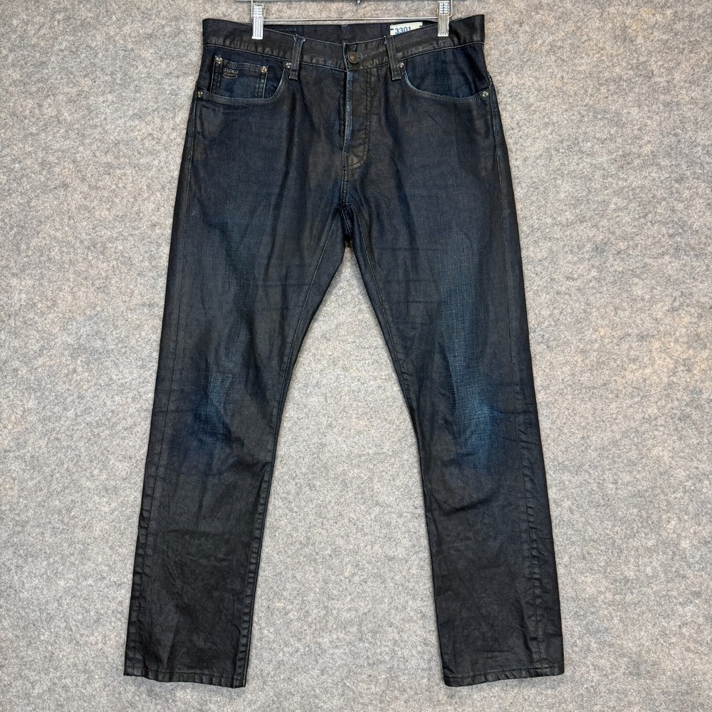 G-Star Raw 3301 Wax Coated Denim Jeans Mens 34x32 (fits 33x30) Blue Dark‎ Wash